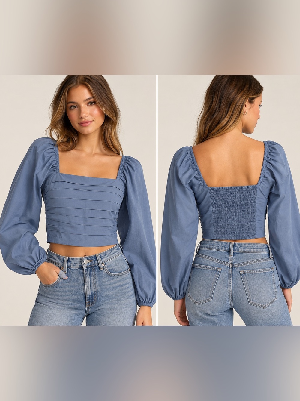Abercrombie & Fitch Blue Square Neck Puff Sleeve Crop Top
